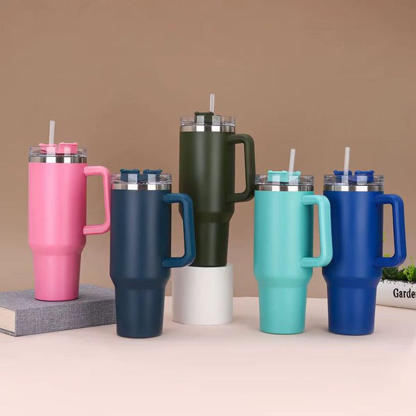 Insulated Stainless Steel Tumbler with Handle and Straw-Random color